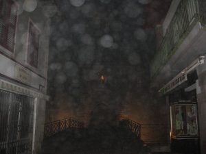 A dark street in Spain along the Camino