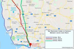 Map of the three Portuguese Camino routes